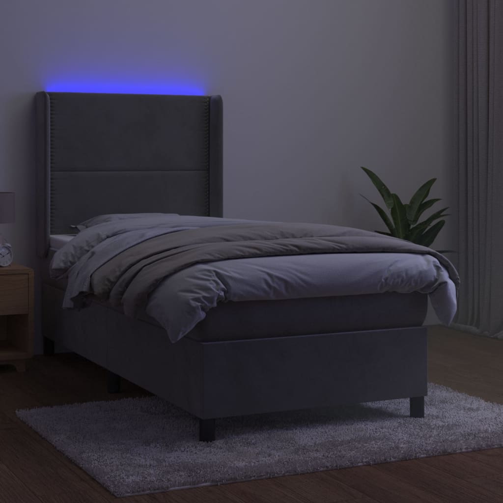 Letto a Molle Materasso e LED Grigio Chiaro 90x200 cm Velluto - homemem39