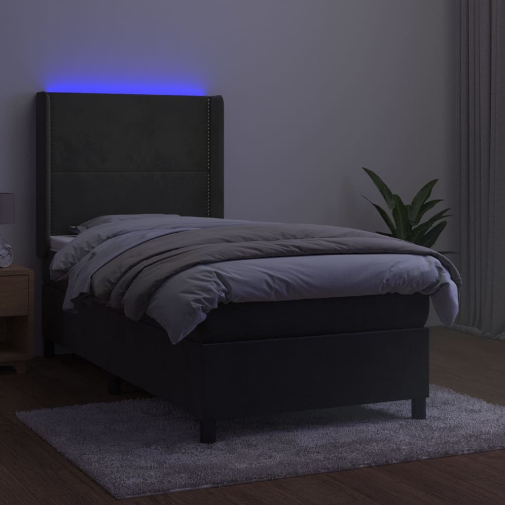 Letto a Molle con Materasso e LED Grigio Scuro 90x200cm Velluto