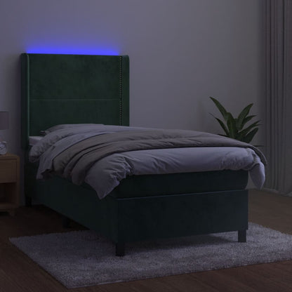 Letto a Molle con Materasso e LED Verde Scuro 90x200cm Velluto