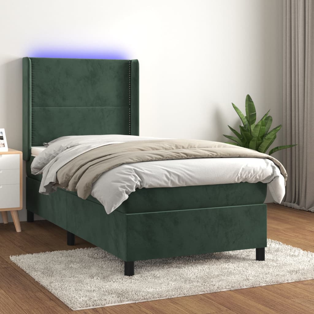 Spring Bed with Mattress and Dark Green LED 90x200cm Velvet