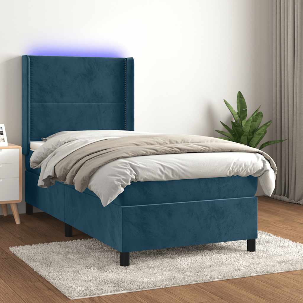 Letto a Molle con Materasso e LED Blu Scuro 100x200 cm | homemem39