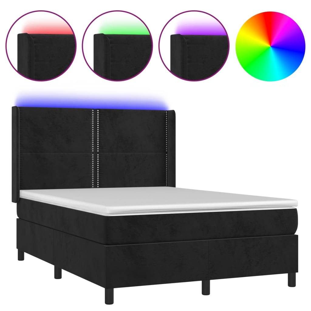 Letto a Molle con Materasso e LED Nero 140x190 cm in Velluto