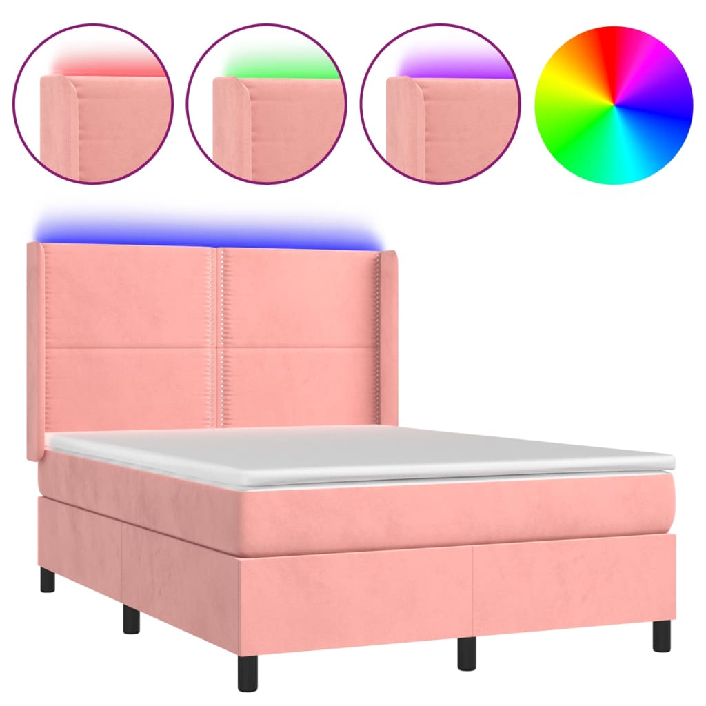 Letto a Molle con Materasso e LED Rosa 140x200 cm in Velluto