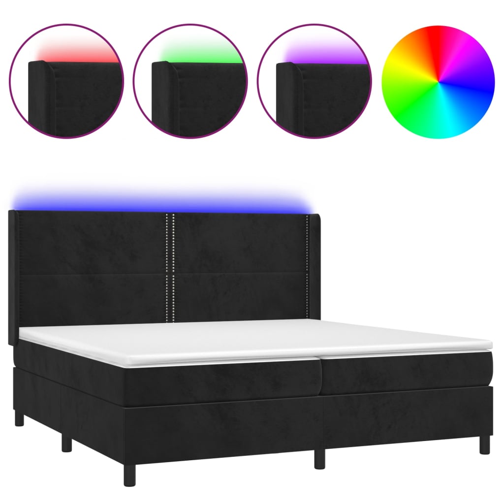 Letto a Molle con Materasso e LED Nero 200x200 cm in Velluto | homemem39