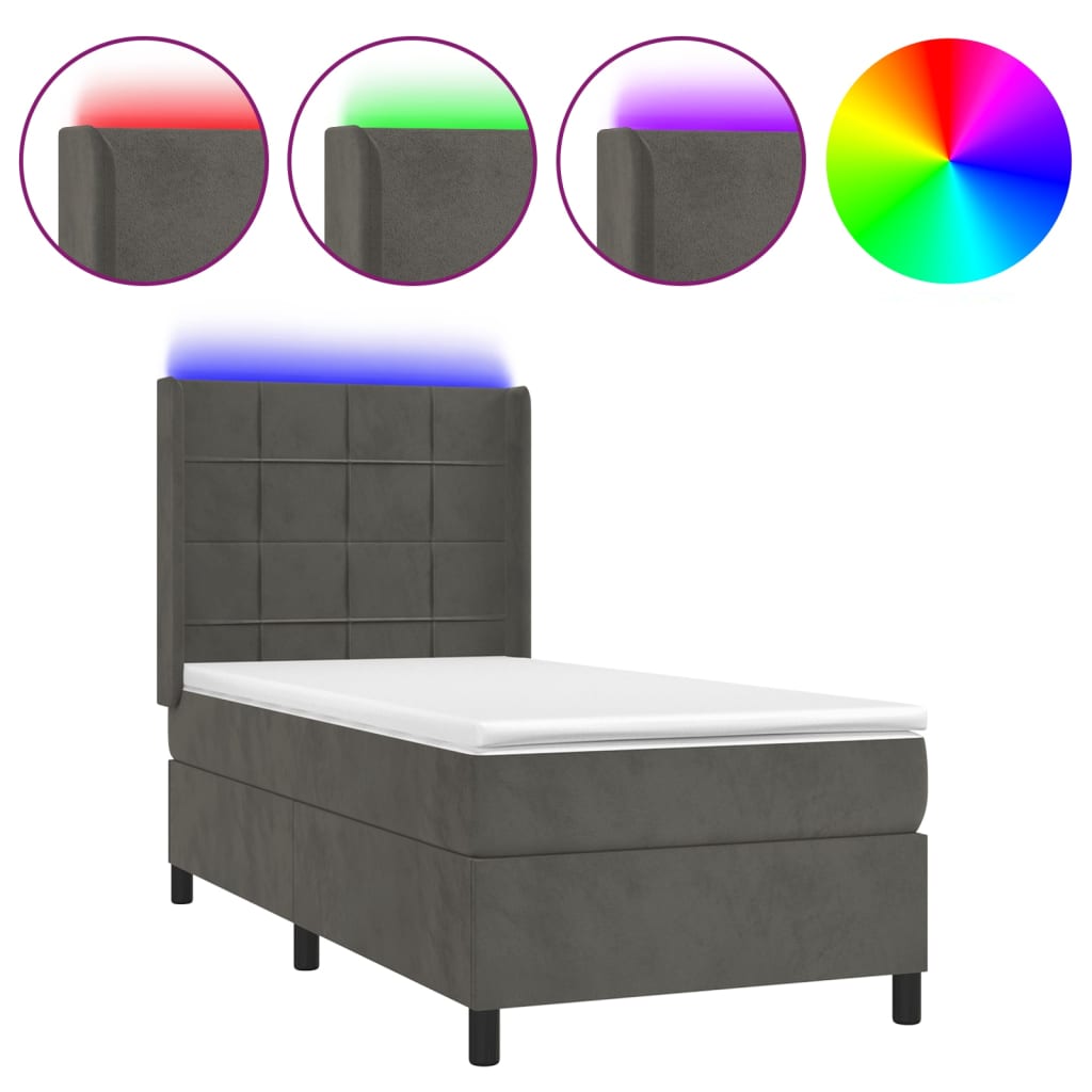 Letto a Molle con Materasso e LED Grigio Scuro 80x200cm Velluto | homemem39