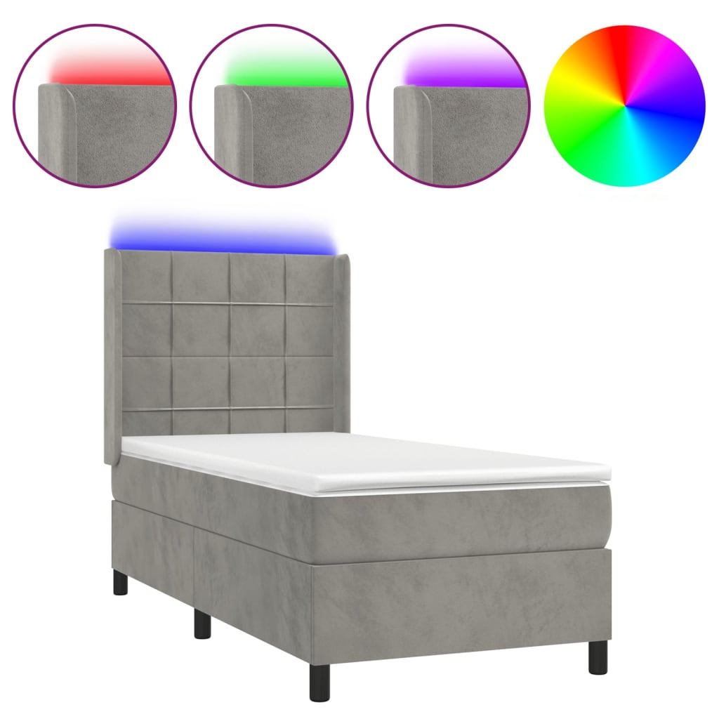 Letto a Molle Materasso e LED Grigio Chiaro 90x190 cm Velluto | homemem39