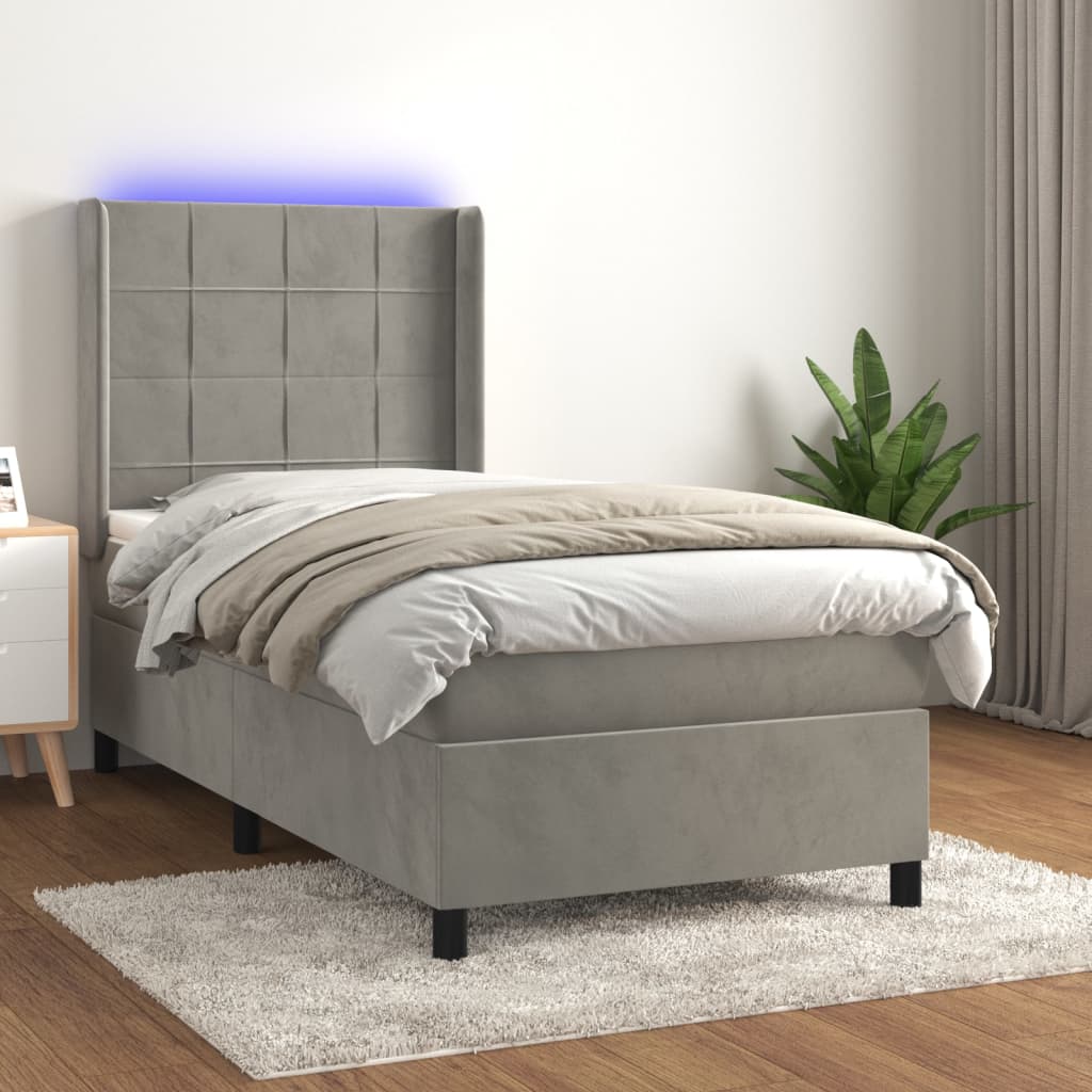 Letto a Molle Materasso e LED Grigio Chiaro 90x190 cm Velluto | homemem39