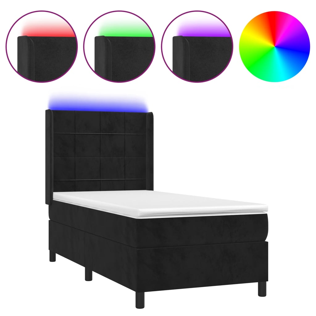 Letto a Molle con Materasso e LED Nero 90x190 cm in Velluto - homemem39