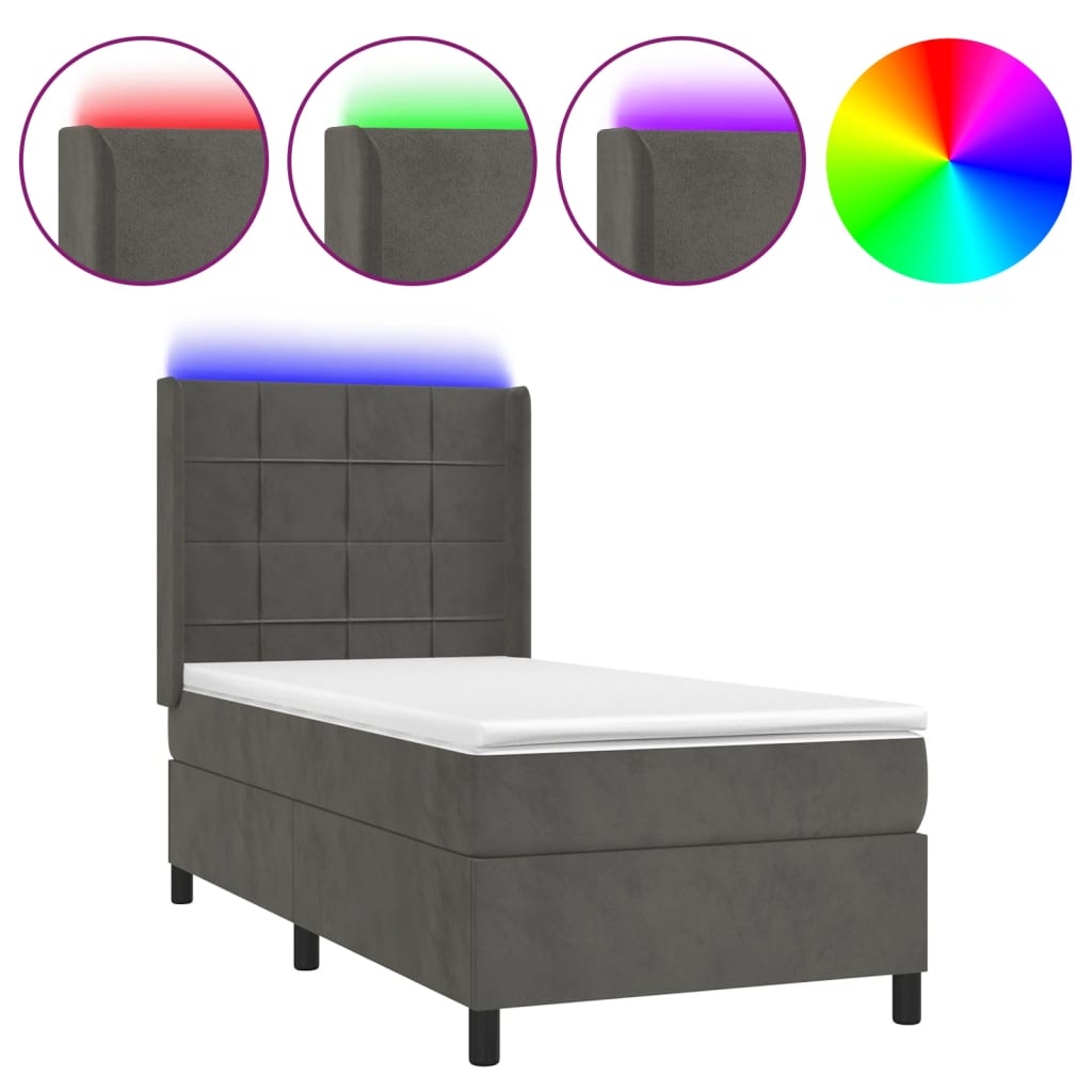 Spring Bed with Mattress and LED Dark Gray 90x200cm Velvet