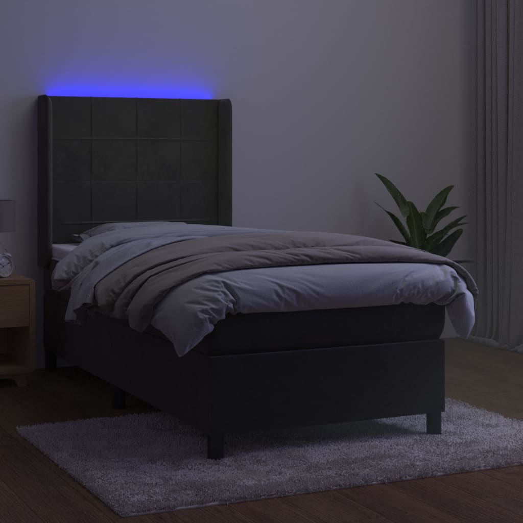 Spring Bed with Mattress and LED Dark Gray 90x200cm Velvet