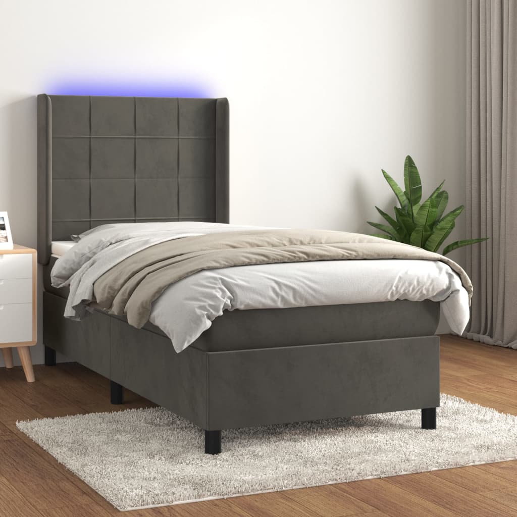 Spring Bed with Mattress and LED Dark Gray 90x200cm Velvet