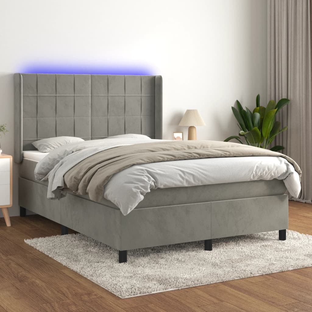 Letto a Molle Materasso e LED Grigio Chiaro 140x200 cm Velluto | homemem39