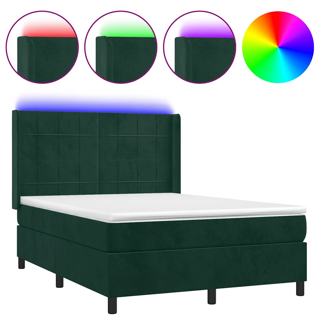 Letto a Molle con Materasso e LED Verde Scuro 140x200cm Velluto | homemem39
