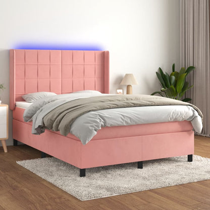 Letto a Molle con Materasso e LED Rosa 140x200 cm in Velluto