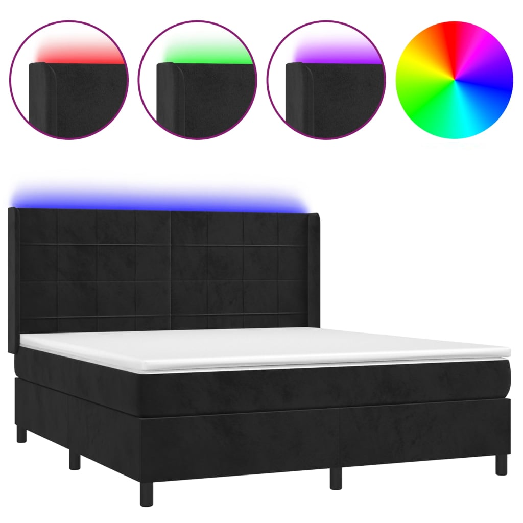 Letto a Molle con Materasso e LED Nero 160x200 cm in Velluto