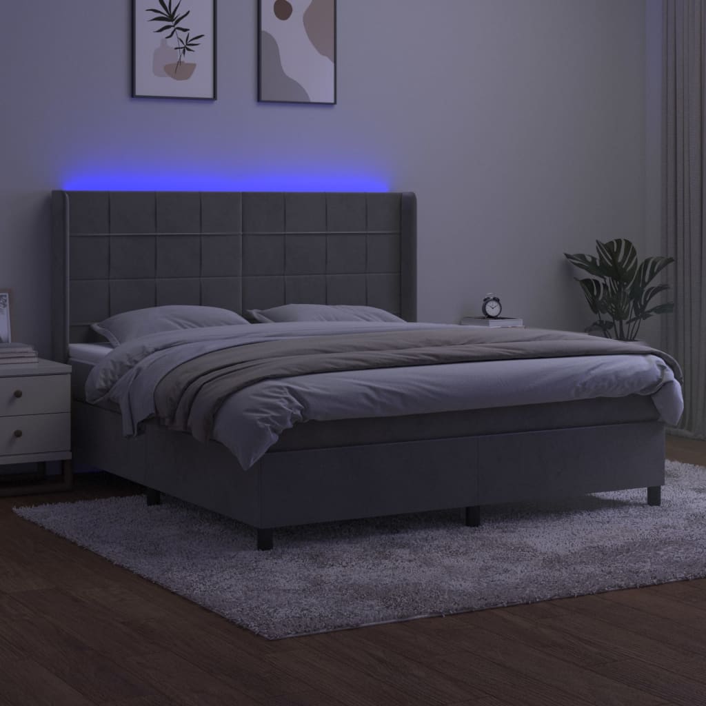 Letto a Molle Materasso e LED Grigio Chiaro 180x200 cm Velluto | homemem39