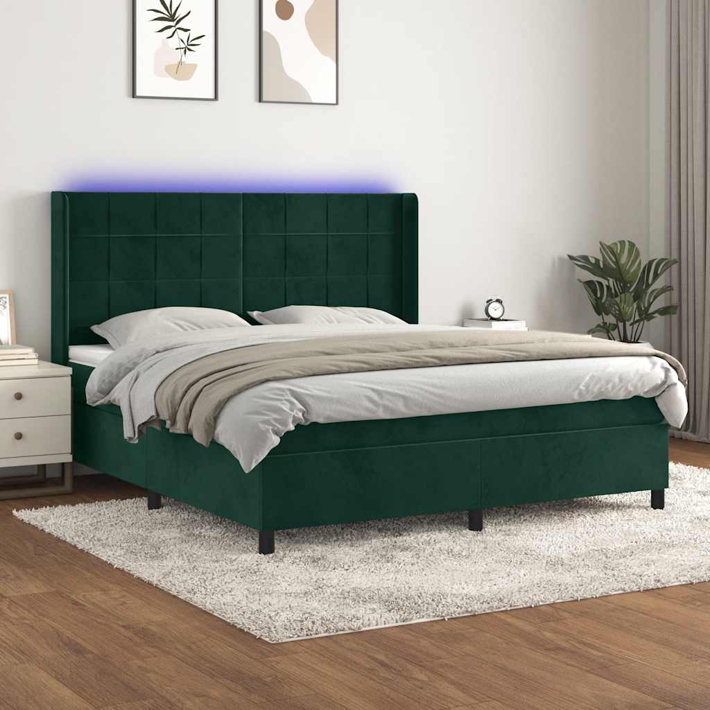Letto a Molle con Materasso e LED Verde Scuro 180x200cm Velluto | homemem39