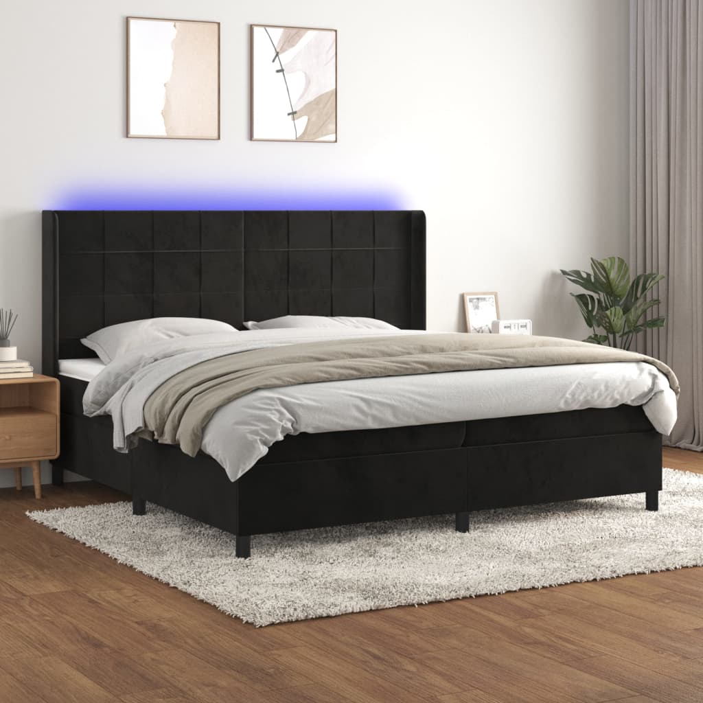 Letto a Molle con Materasso e LED Nero 200x200 cm in Velluto | homemem39