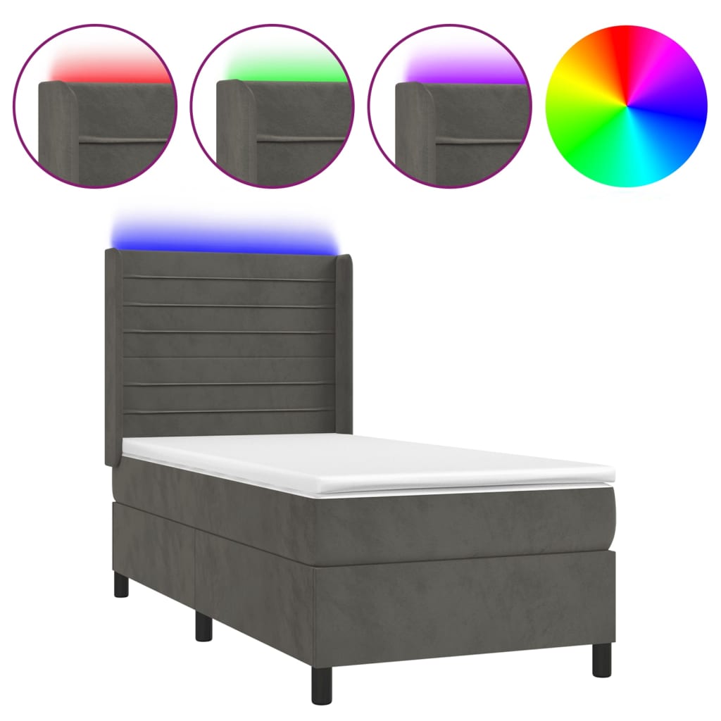 Letto a Molle con Materasso e LED Grigio Scuro 80x200cm Velluto | homemem39