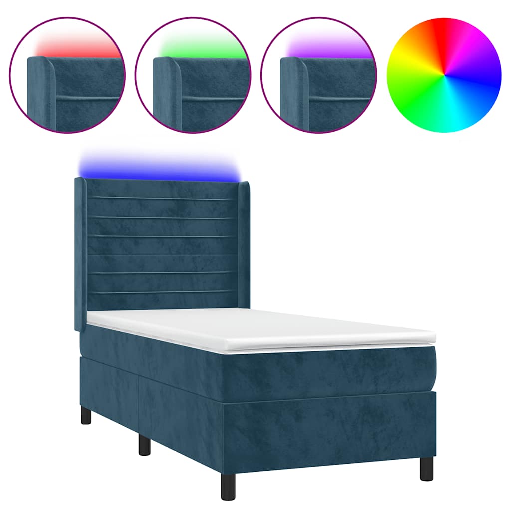 Letto a Molle con Materasso e LED Blu Scuro 90x190cm in Velluto | homemem39