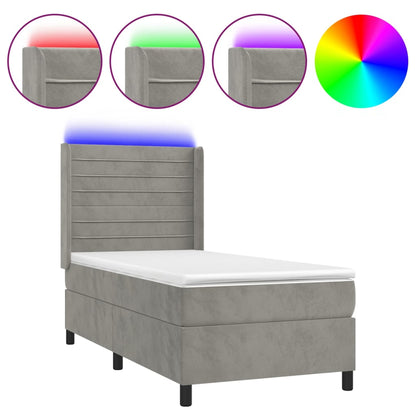 Letto a Molle Materasso e LED Grigio Chiaro 90x200 cm Velluto