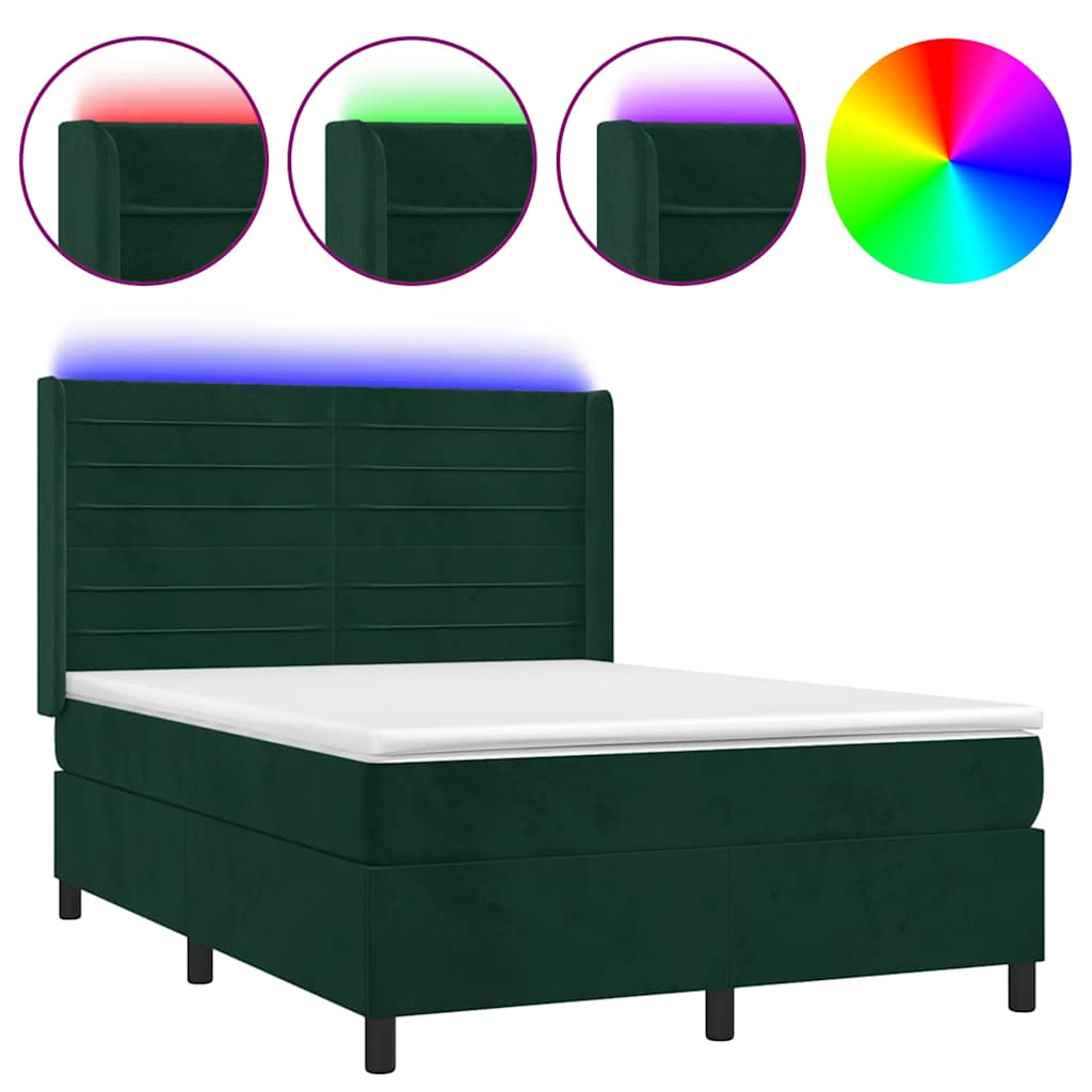 Letto a Molle con Materasso e LED Verde Scuro 140x190cm Velluto | homemem39