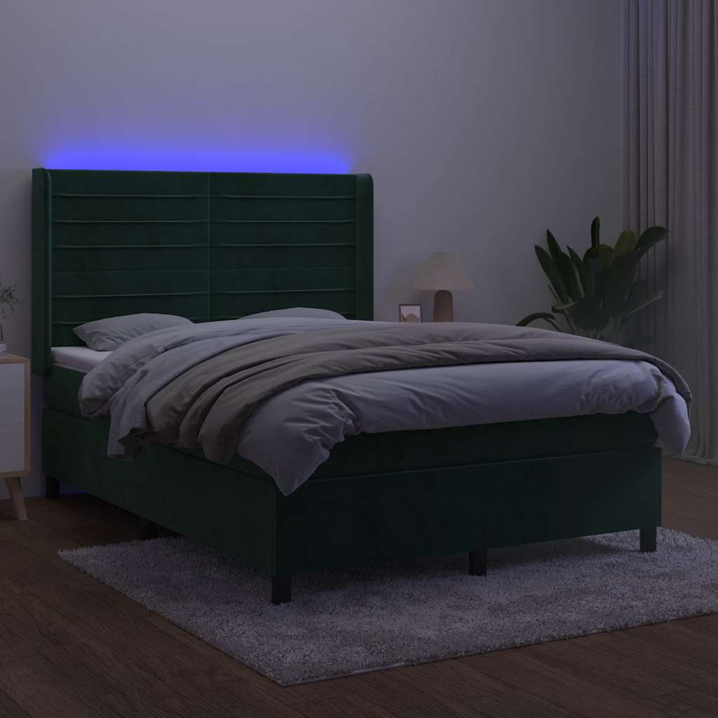 Letto a Molle con Materasso e LED Verde Scuro 140x190cm Velluto | homemem39