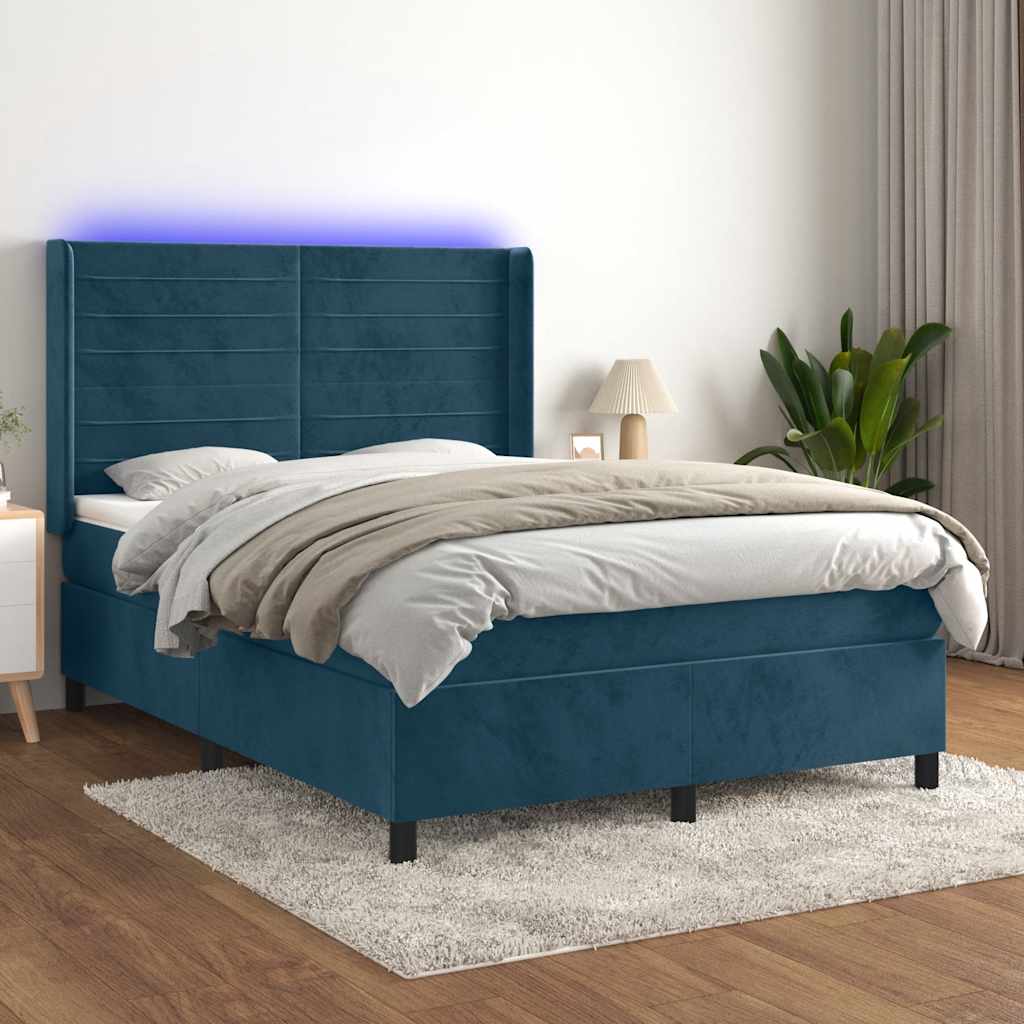 Letto a Molle con Materasso e LED Blu Scuro 140x190 cm | homemem39