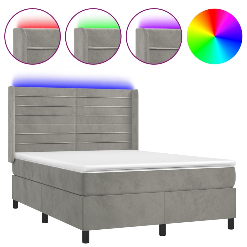 Letto a Molle Materasso e LED Grigio Chiaro 140x200 cm Velluto | homemem39