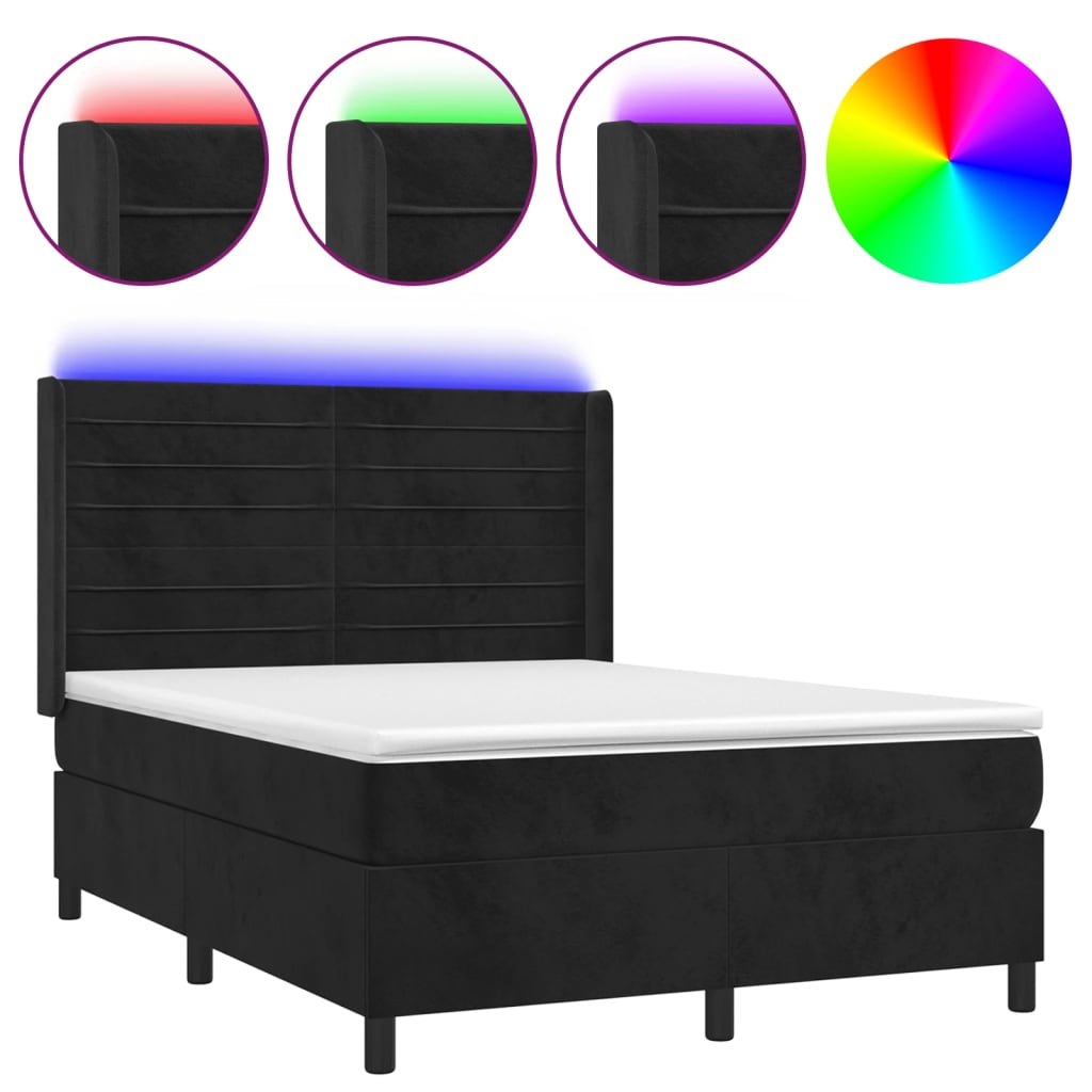 Letto a Molle con Materasso e LED Nero 140x200 cm in Velluto | homemem39
