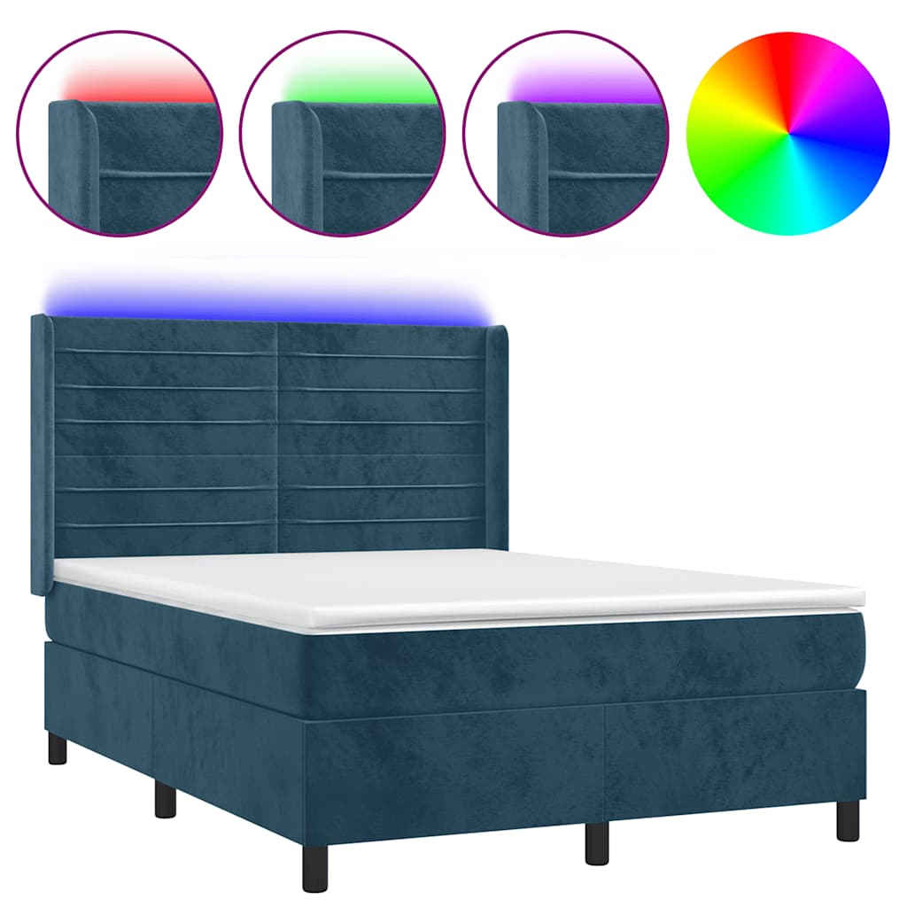 Letto a Molle con Materasso e LED Blu Scuro 140x200 cm | homemem39
