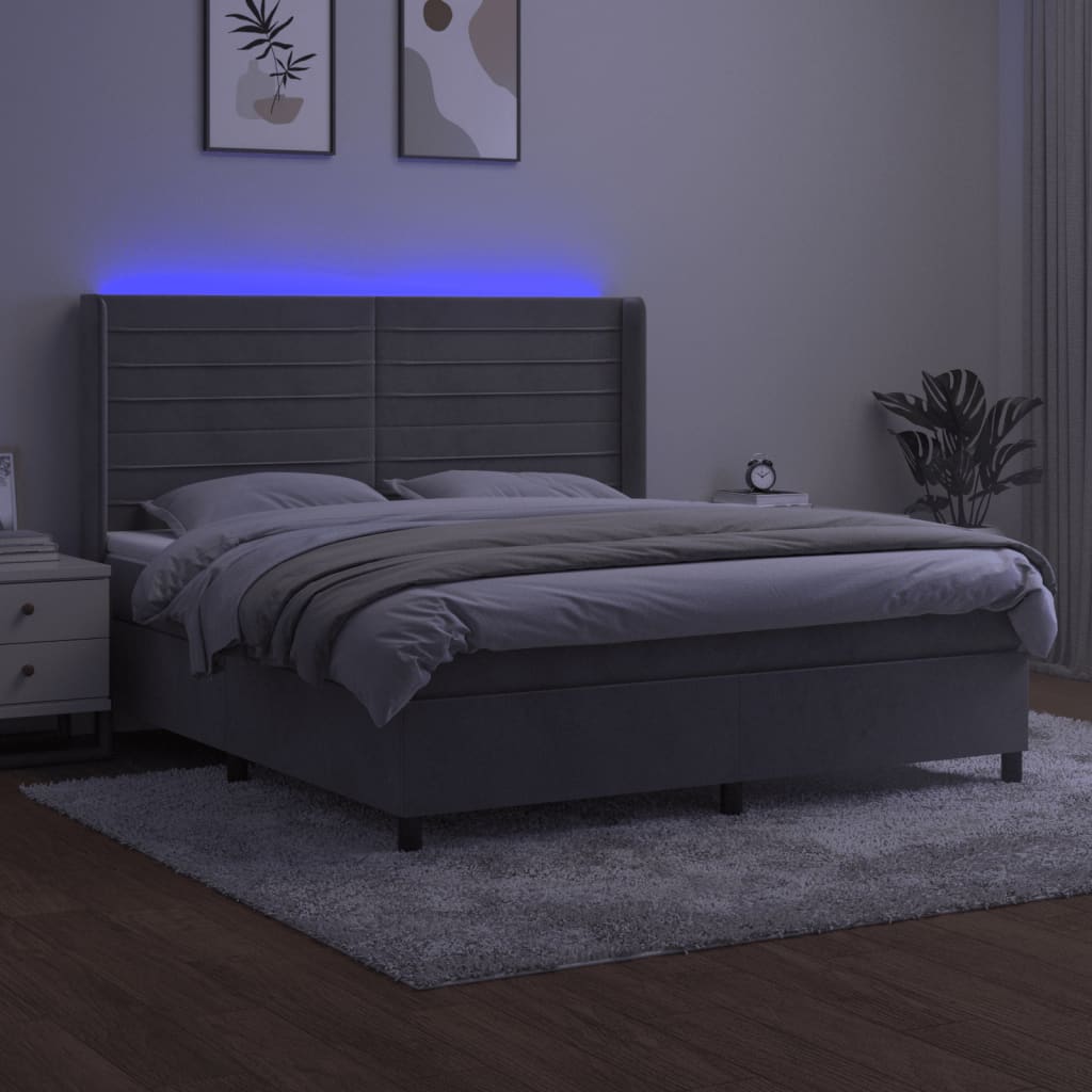 Letto a Molle Materasso e LED Grigio Chiaro 160x200 cm Velluto | homemem39