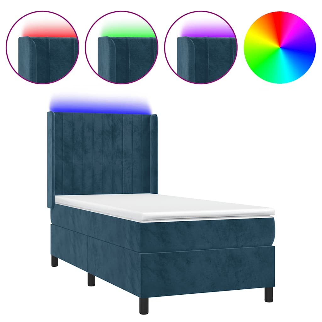 Letto a Molle con Materasso e LED Blu Scuro 80x200cm in Velluto | homemem39