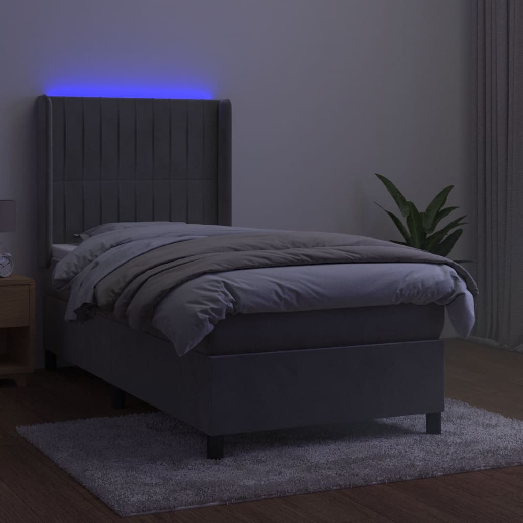 Letto a Molle Materasso e LED Grigio Chiaro 90x190 cm Velluto | homemem39
