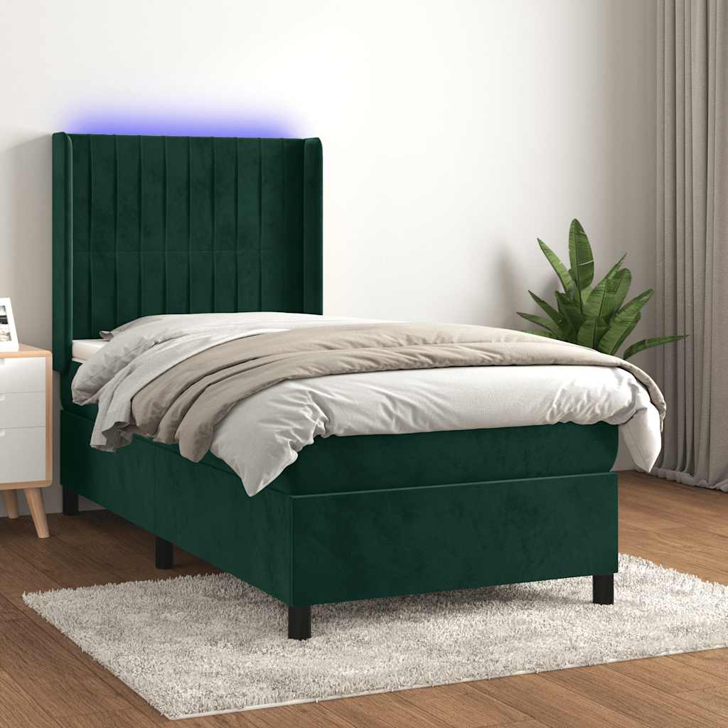 Letto a Molle con Materasso e LED Verde Scuro 90x190 cm Velluto | homemem39