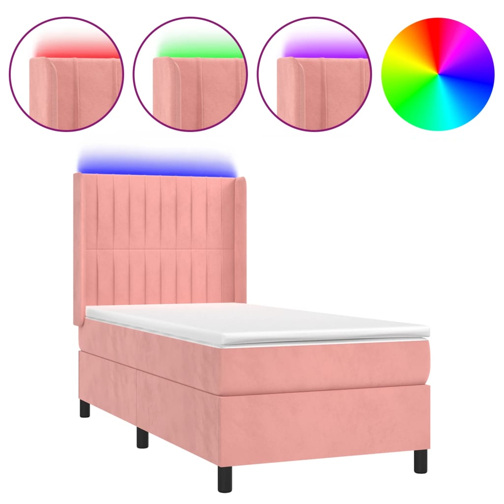 Letto a Molle con Materasso e LED Rosa 90x190 cm in Velluto