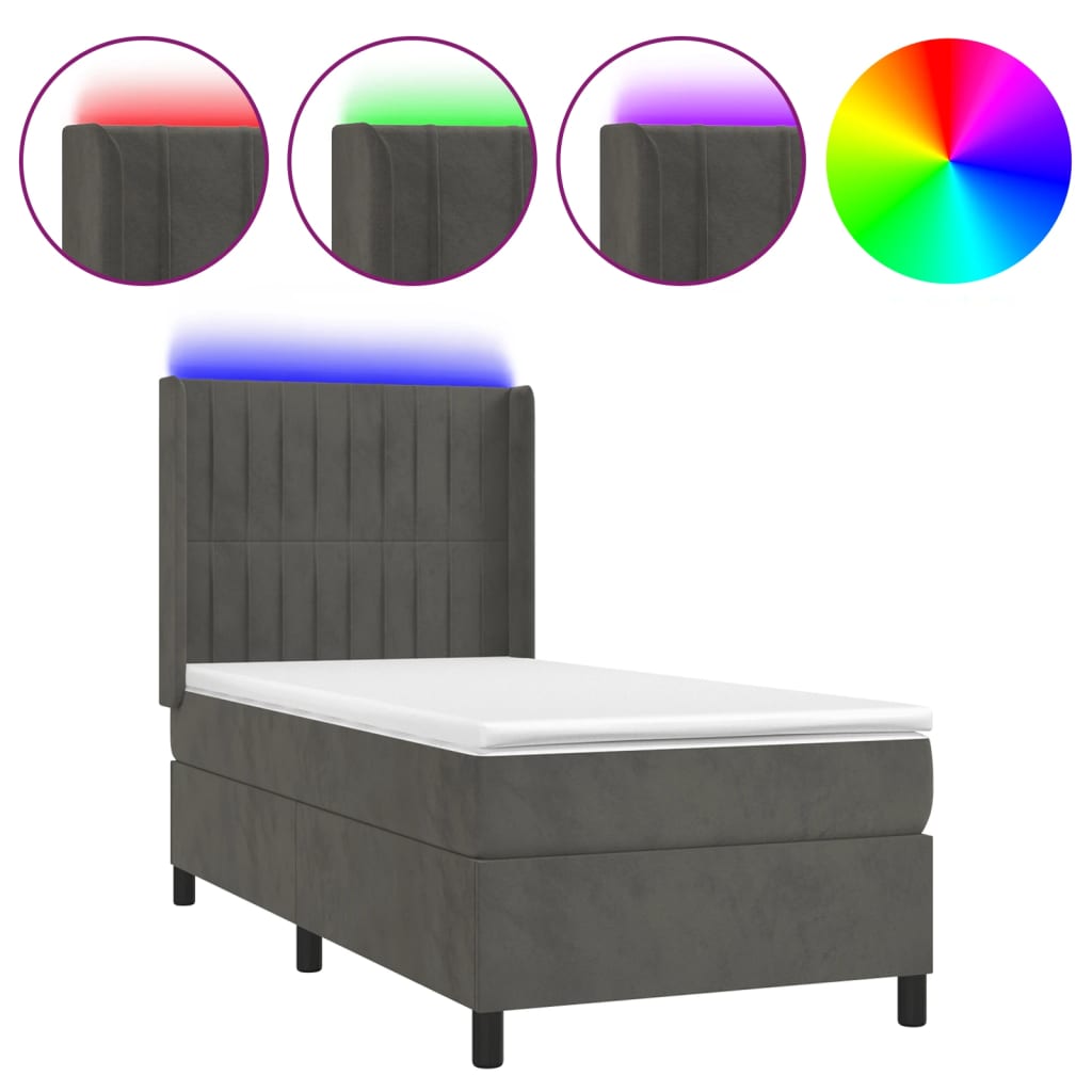 Letto a Molle con Materasso e LED Grigio Scuro 90x200cm Velluto - homemem39