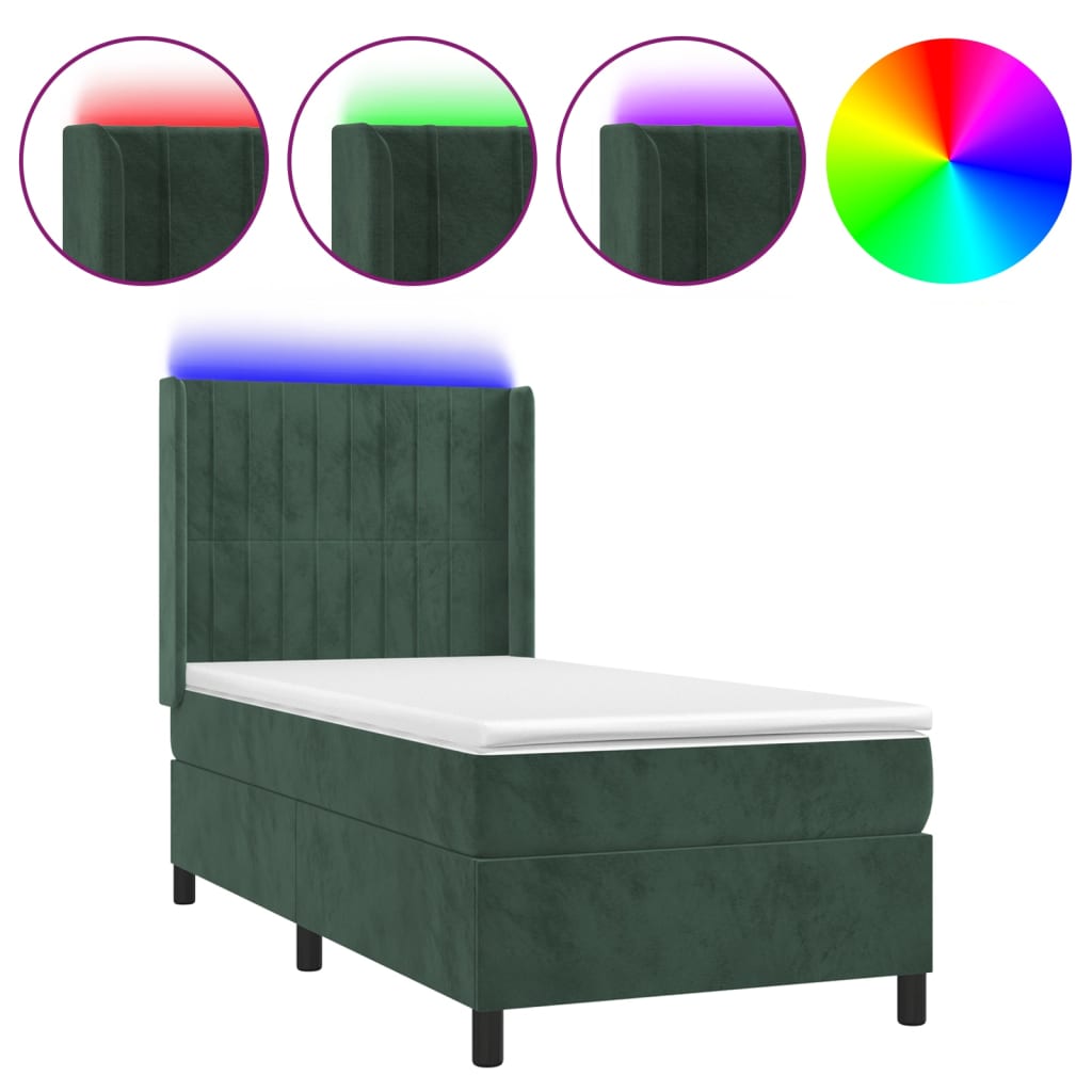 Letto a Molle con Materasso e LED Verde Scuro 100x200cm Velluto - homemem39