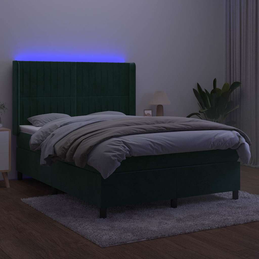 Letto a Molle con Materasso e LED Verde Scuro 140x190cm Velluto | homemem39