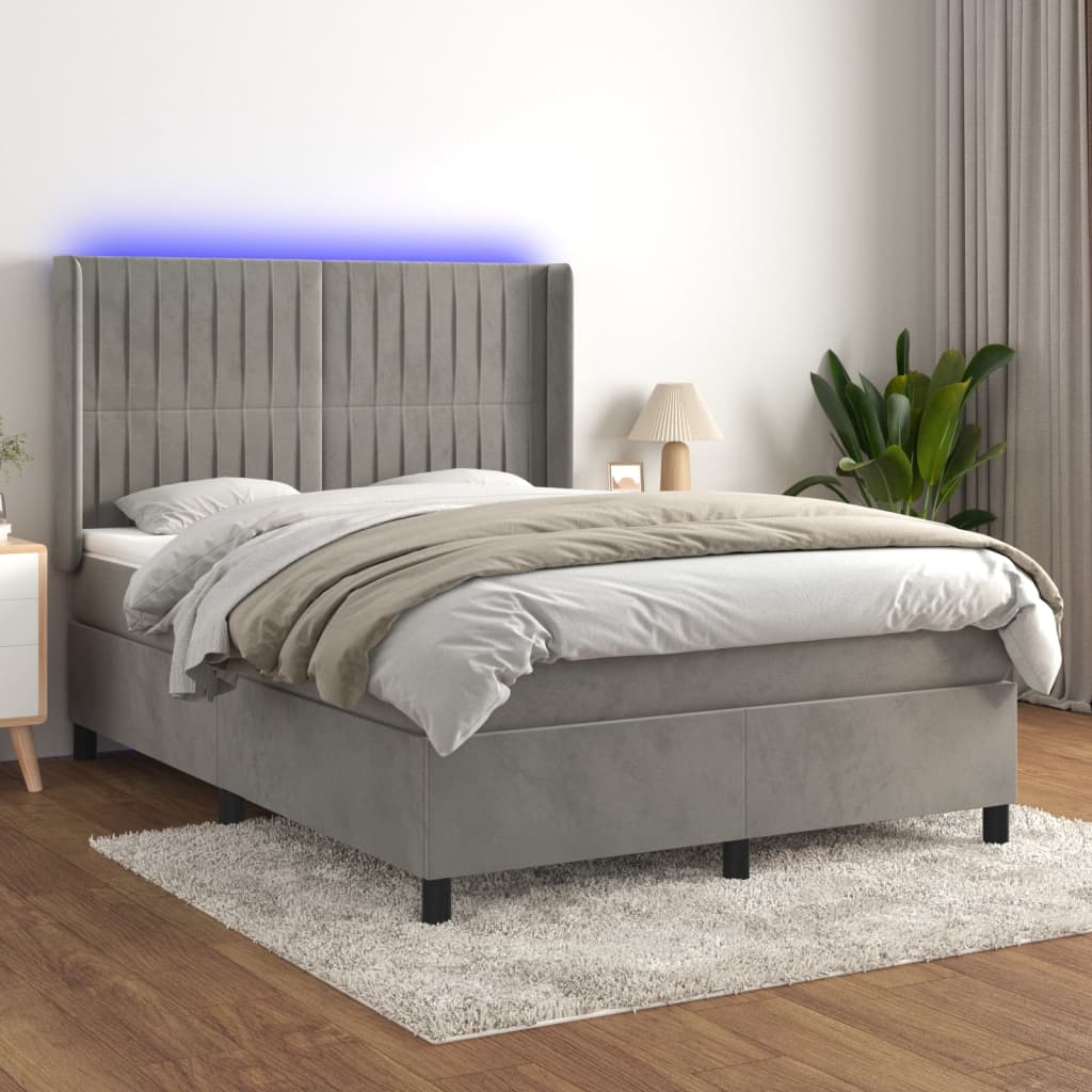 Letto a Molle Materasso e LED Grigio Chiaro 140x200 cm Velluto | homemem39