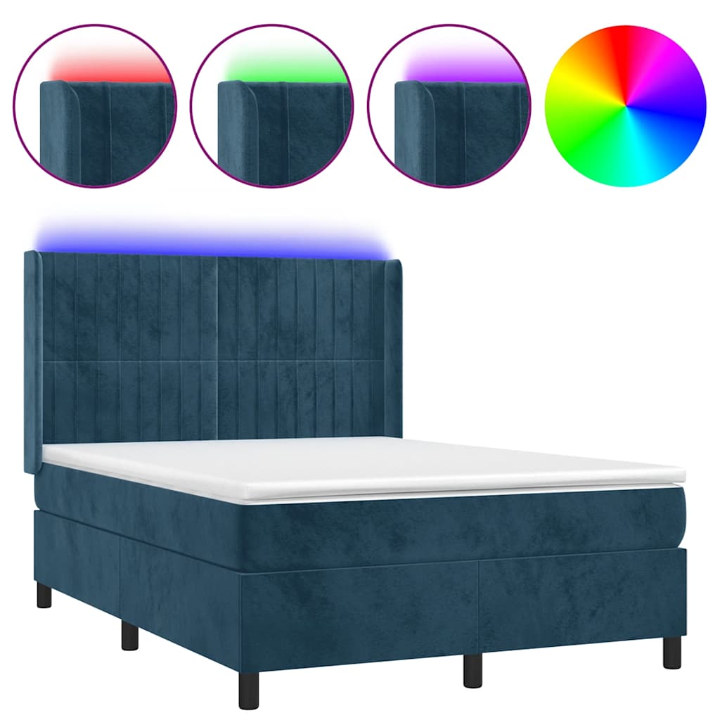 Letto a Molle con Materasso e LED Blu Scuro 140x200 cm | homemem39