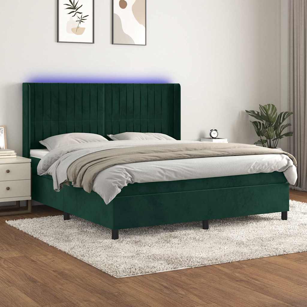 Letto a Molle con Materasso e LED Verde Scuro 160x200cm Velluto | homemem39