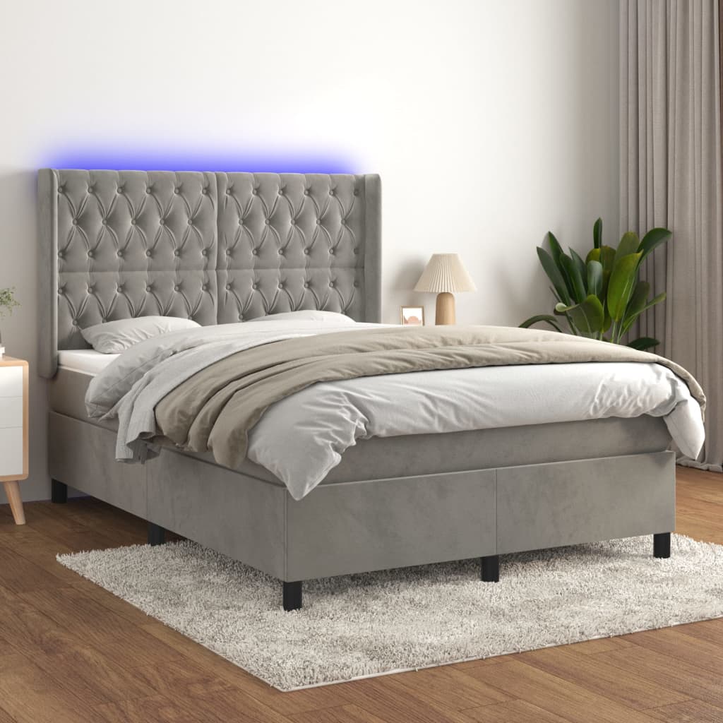 Letto a Molle Materasso e LED Grigio Chiaro 140x190 cm Velluto | homemem39