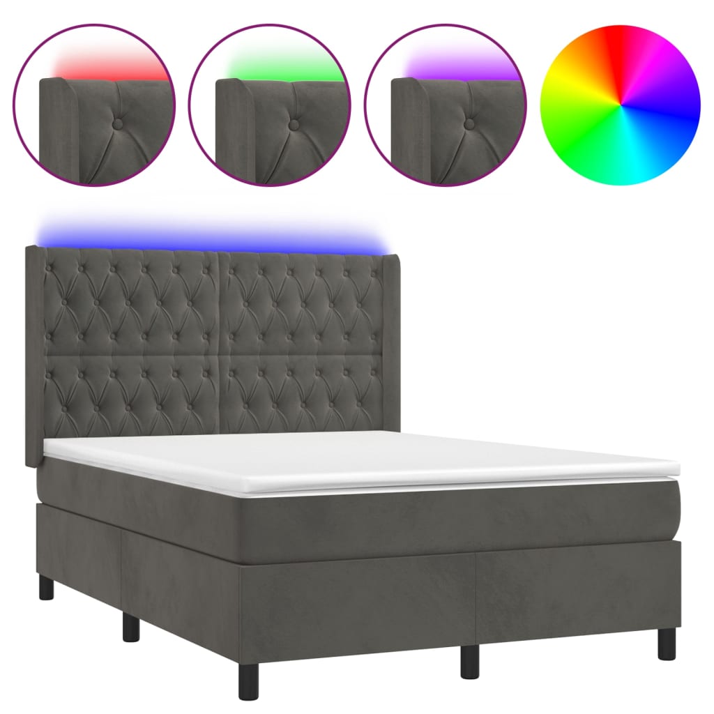 Letto a Molle con Materasso e LED Grigio Scuro 140x190 cm | homemem39