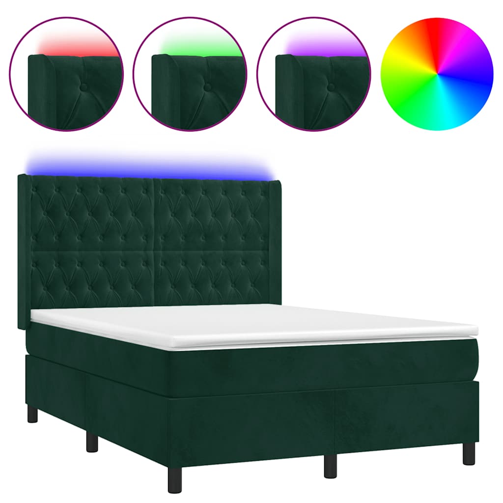 Letto a Molle con Materasso e LED Verde Scuro 140x190cm Velluto | homemem39