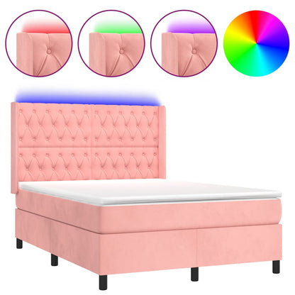 Letto a Molle con Materasso e LED Rosa 140x190 cm in Velluto | homemem39