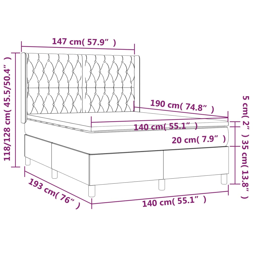 Letto a Molle con Materasso e LED Rosa 140x190 cm in Velluto | homemem39