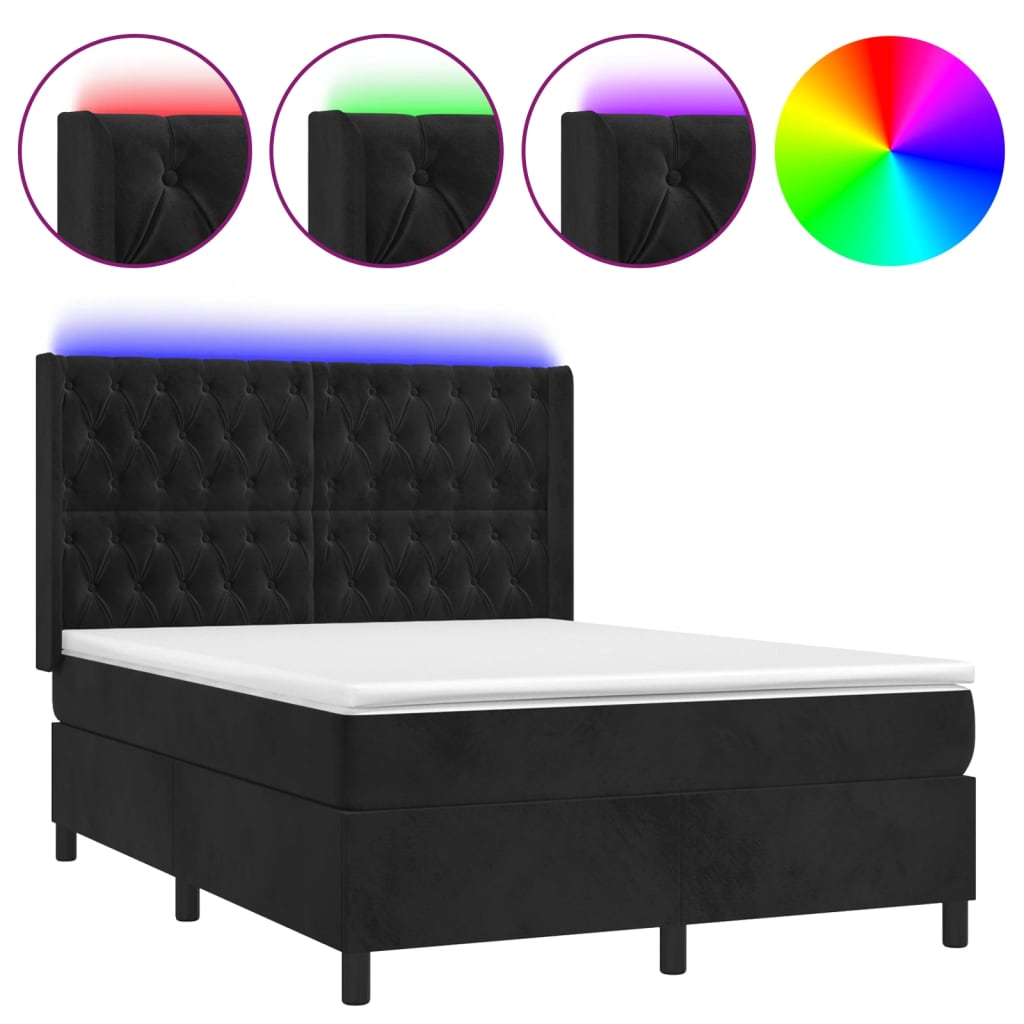 Letto a Molle con Materasso e LED Nero 140x200 cm in Velluto | homemem39