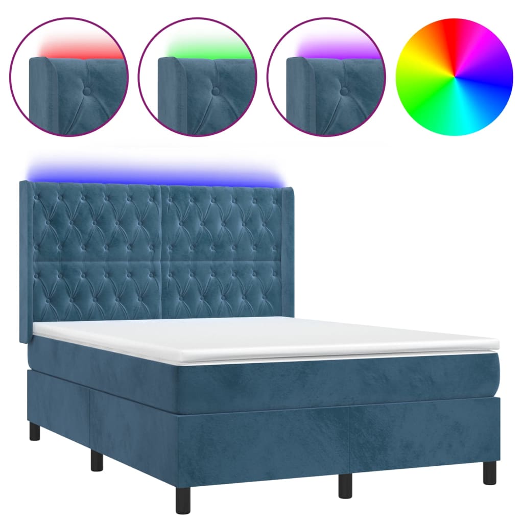 Letto a Molle con Materasso e LED Blu Scuro 140x200 cm