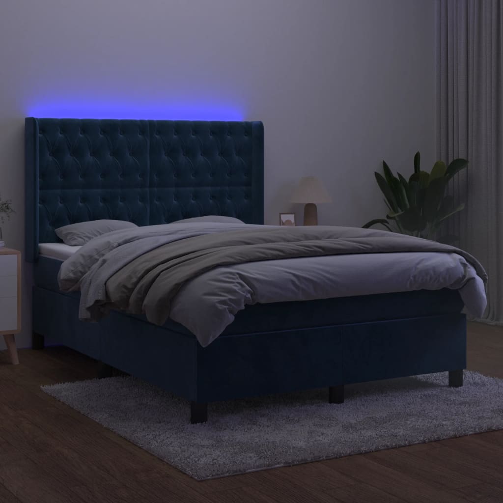 Letto a Molle con Materasso e LED Blu Scuro 140x200 cm